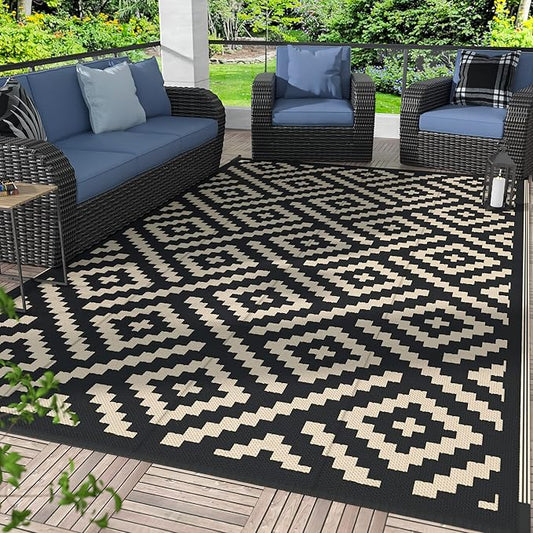GENIMO Outdoor Rugs 8'x10' Waterproof, Reversible Mats, Area Plastic Straw Rug, Outside Carpet, Geometric Rv Mat for Patio Camping Rv Picnic Backyard Deck Balcony Porch Beach Trailer (Black & Beige)