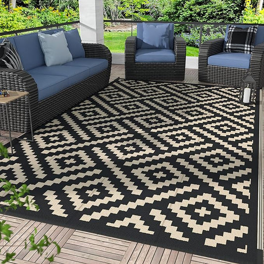 GENIMO Outdoor Rug for Patio Clearance,9'x12' Waterproof Large Mat,Reversible Plastic Camping Rugs,Rv,Porch,Deck,Camper,Balcony,Backyard (Black & Beige)