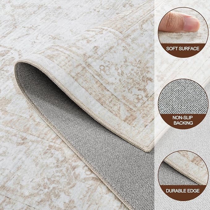 Area Rug 6x9 Living Room Rug Washable Beige Non-Slip Rugs | Vintage Medallion Rug，Soft Low Pile Large Rugs，Indoor Retro Carpet for Bedroom Nursery Dining Table Farmhouse Home Office
