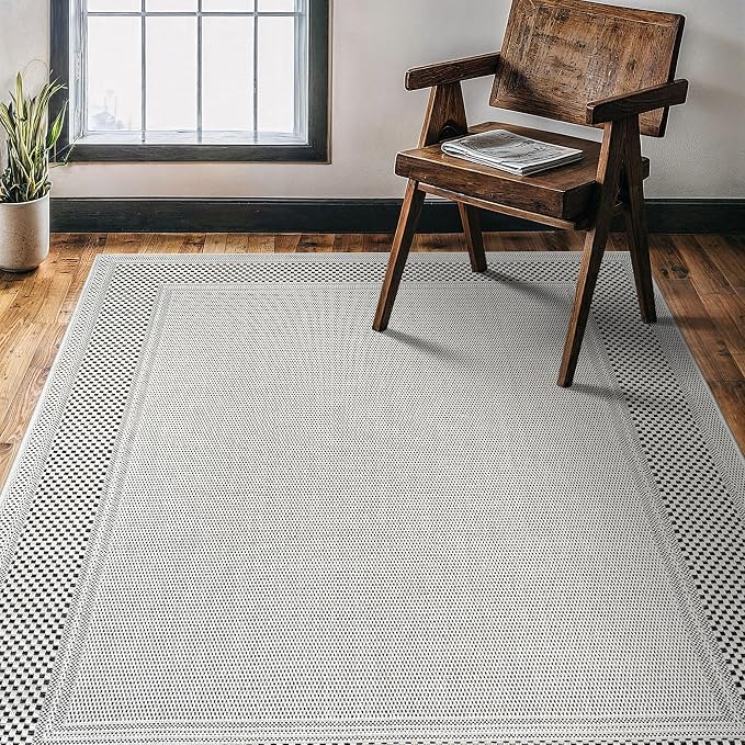 CAMILSON Easy Jute Rug 4x6, Indoor Outdoor Off-White Color Fiber Area Rugs for Living Room Patio and Dining Room Rug, Bordered Boho Woven Design, Easy-Cleaning, Washable Outside Carpet (4 x 6)