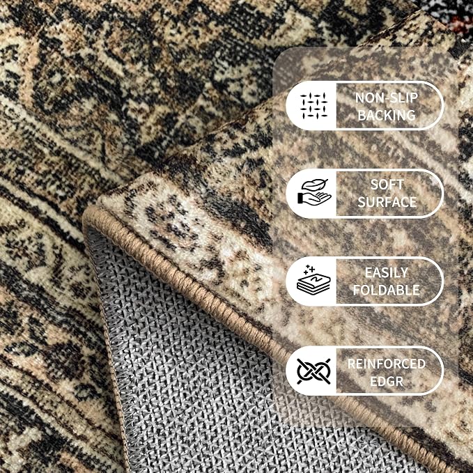 Washable 6x9 Area Rug: Vintage Brown Rugs for Living Room Bedroom Dining Room Office Indoor - Soft Non-Slip Large Carpet Home Decor - Oriental Dark Brown