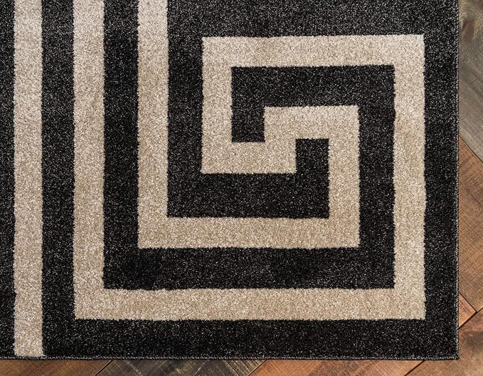 Unique Loom Athens Collection Classic Geometric Modern Border Design Area Rug (7' 0 x 10' 0 Rectangular, Black/ Beige)
