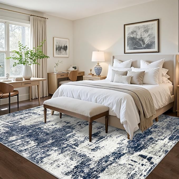 Tosuoka 8x10 Area Rugs for Living Room Abstract Washable Gray Blue Rug | With Anti-Slip Backing，Non-Shedding，Stain-Resistant，Soft Modern Large Carpet for Bedroom Dining Room Farmhouse Nursery