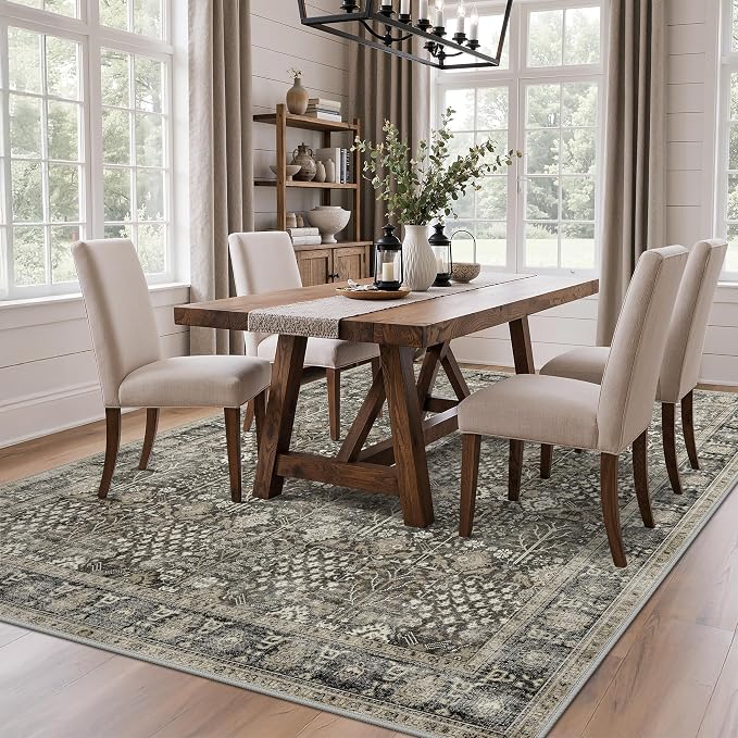 8x10 Washable Area Rug Non Slip for Living Room, Black | Large Vintage Floral Rug, Low Pile Lightweight Carpet, Non Shedding for Bedroom, Dining Room and Home Office