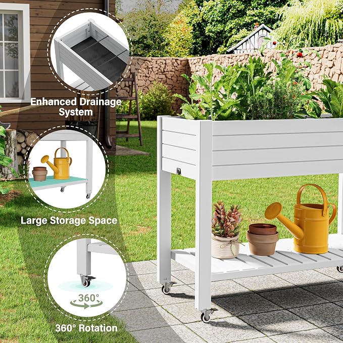 33.7" Tall Raised Garden Bed with Wheels, Divisible Resin Planter Box with Drainage Gauge & Storage Shelf, Herb Planter for Garden Patio Backyard, Medium Ashen (33.7" h)