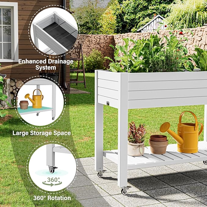 Elevated Raised Garden Bed with Wheels,Planter Box,Ashen-33.7" h | Resin Planter Box with Drainage Holes, Water Monitor, Wheels for Garden Patio Backyard
