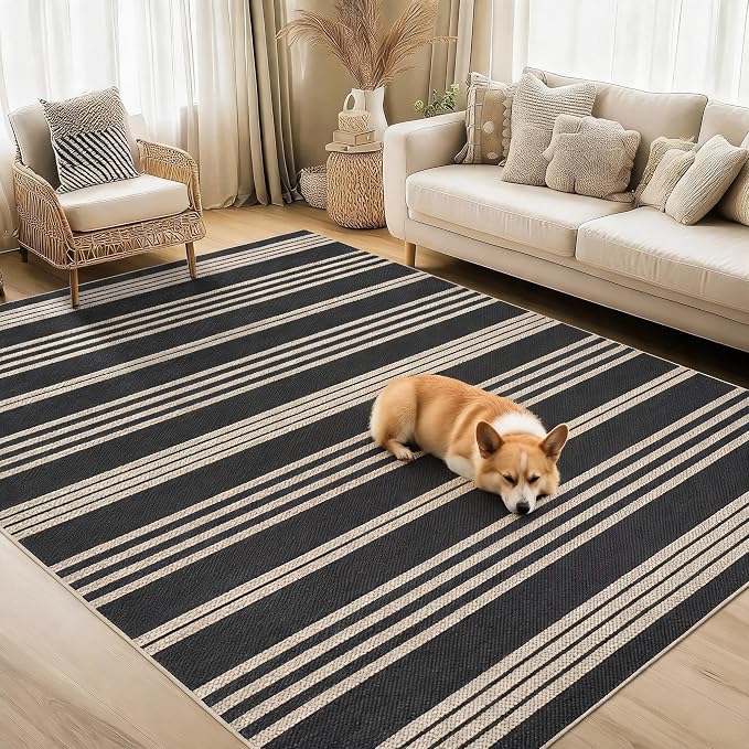 Garvee 4x6 Area Rugs Easy Jute Washable Rugs Living Room, Black & Natural | Modern Line Print Area Rug Stain Resistant Easy Cleaning Throw Rugs Non Shedding Low Pile Floor Cover for Nursery Dining Room