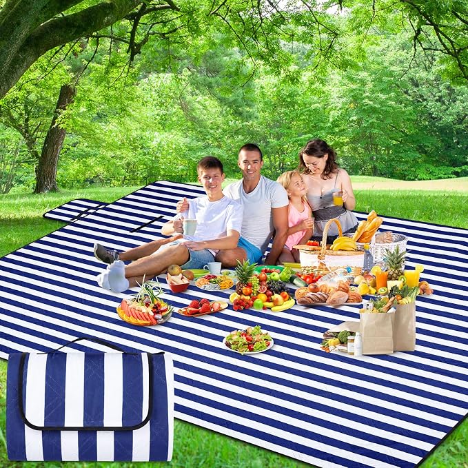 80" x 100" Extra Large Picnic Blankets Beach Mat Sandproof Waterproof Foldable Oxford Blue Strip Blanket Beach Mat Fall Picnic Stuff for Family Camping Hiking Party Park Travel Grass