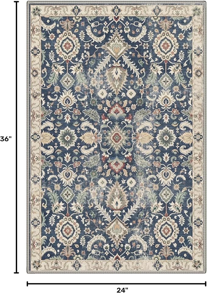 2x3 Doormat, Vintage Floral Washable Non Slip Area Rug for Entrance | Persian Floral Soft Low Pile Boho Small Rug for Entryway Bedside Kitchen, Stain Resistant Lightweight Easy Care, Muted Navy