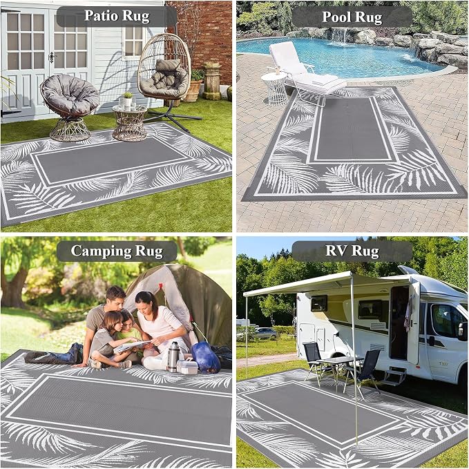 Bsmathom Waterproof Outdoor Rug 6'x9' Reversible Boho Plastic Straw Patio Deck Camping Rugs, Indoor Outdoor Portable RV Mat Clearance Carpet for Outside, Porch, Balcony, Backyard, Beach, Pool,Grey