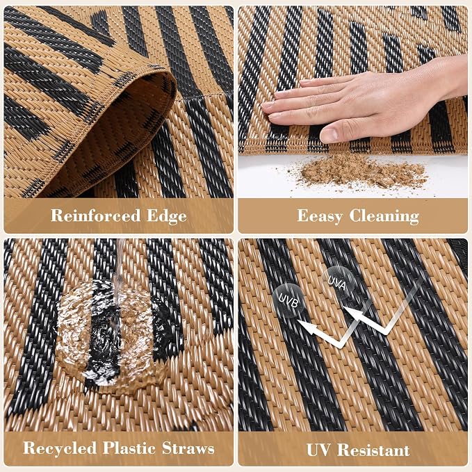 Lahome Outdoor Rug 8x10 Patio Waterproof, Plastic Straw Reversible Rv Outdoor Rugs for Camping, Large Indoor Outdoor Carpet for Porch Deck Backyard Camper Picnic, Brown 8'x10'