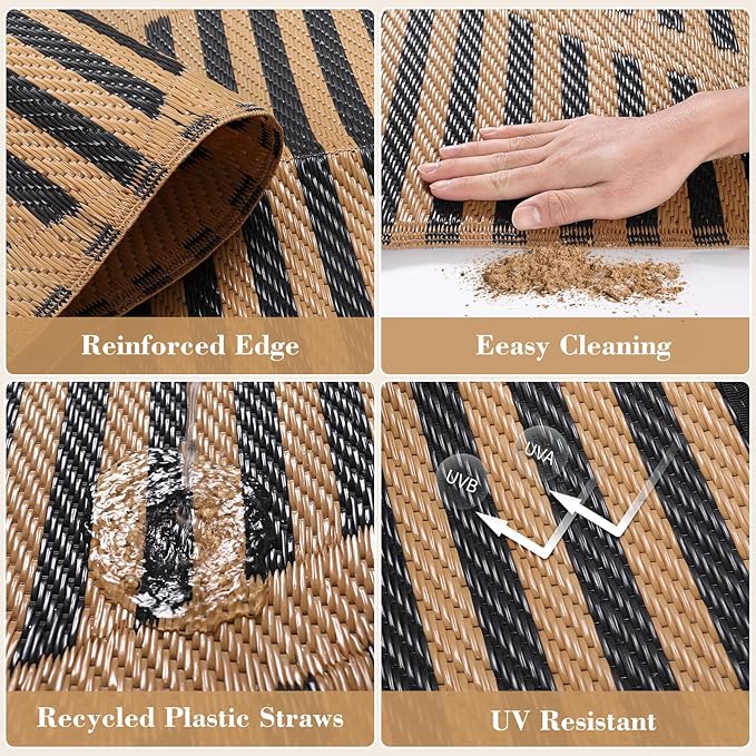Lahome 9x12 Outdoor Plastic Straw Rug Waterproof, Neutral Reversible Outdoor Patio Rug, Large Portable Outside Camping Mats for Balcony Tent Floor Decor, Brown 9'x12'