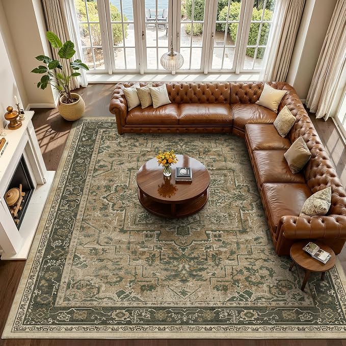 Large Area Rugs 10x12, Living Room Bedroom Carpet Extra Large Size Washable Non Slip, Vintage Distressed Medallio Low Pile Thin Rug for Big Dining Room, Multi Brown/Olive