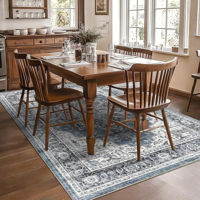 6x9 Area Rug for Living Room Soft Washable Vintage Area Rug | Non-Slip, Retro Print, Low Pile, Stain Resistant, Soft Washable Blue Carpet, for Bedroom, Dining Room, Nursery, Home Office