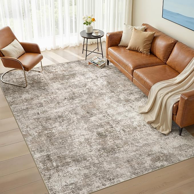 Nakagishi 6X9 Abstract Washable Area Rugs for Living Room-Brown | Modern Non-Slip Silicone Backing Low Pile Soft Carpet for Bedroom Dining Decor Ideal for Families with Kids and Pets