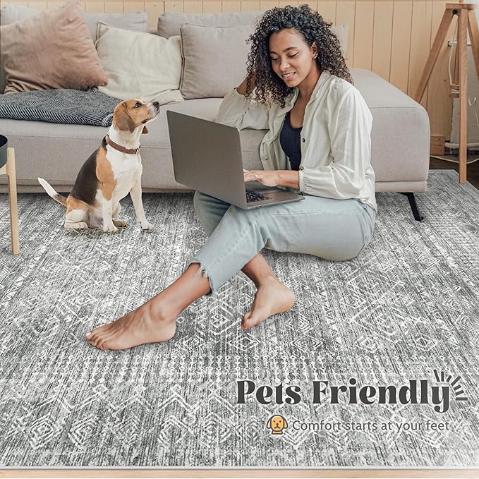 Living Room Rugs 9x12: Washable Moroccan Geometric Boho Rug Farmhouse Non Slip Stain Resistant Large Rug Low Pile Soft Carpet for Bedroom Dining Room Children Room (Grey,9'x12')
