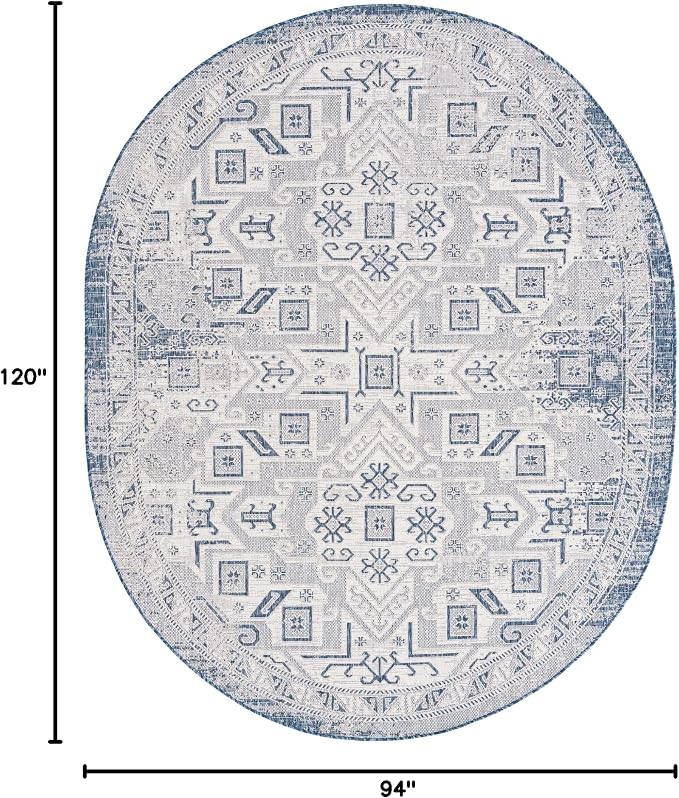 Unique Loom Outdoor Aztec Collection Area Rug - Coba (7' 10" x 10' Oval, Blue/ Ivory)