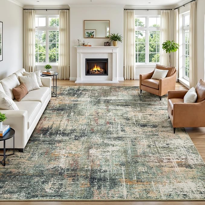 8x10 Area Rug for Living Room, Abstract Washable Large Rugs,Coffee/Green | Neutral Carpet for Bedroom, Dining Room, Home Office Nursery Indoor, Stain Resistant, Non-Slip, Low Pile, Modern Rug