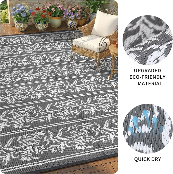Garvee Outdoor Rugs 5x8 Waterproof Reversible Mat Boho Leaf Patio Rug with 4 Stakes and Starage Bag, Large Outdoor RV Mat Rugs for Camping, Picnic, Balcony, Deck, Backyard, Grey & White