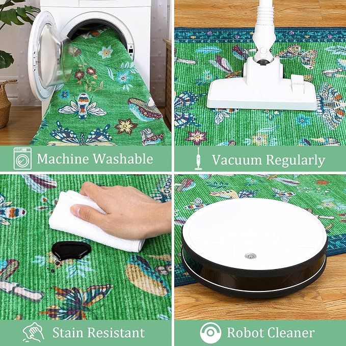 ROYHOME Mushroom Insect Washable 2x3 Rug for Entryway Door Mat Blue Green | Kitchen Bathroom Bedroom Small Bug Moth Cute Funky Cottage Core Whimsical Boy Rugs Low-Pile Non-Slip TPE Backing