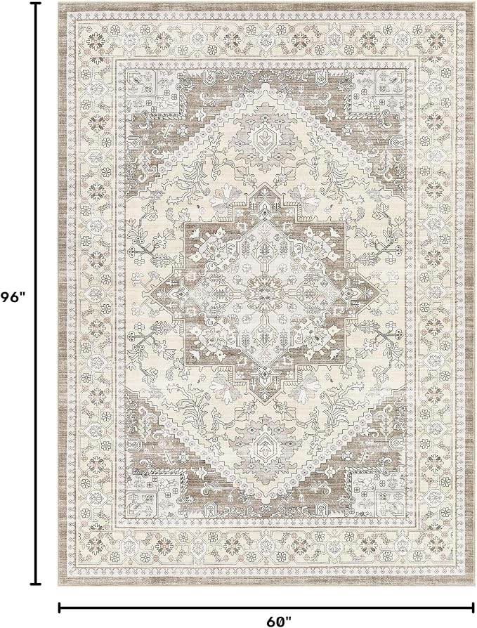 Washable Area Rug-5X8 Vintage Neutral Soft Brown | Non Slip Thin Foldable Large Floor Carpet for Living Room Bedroom Kitchen Dining Room Home Office Farmhouse Indoor