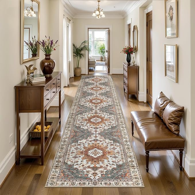 Tangsoo Oriental 2.6x12 Hallway Runner Rugs Washable Runner Rug Non Slip | Vintage Soft Low Pile Long Rug Runners, Oriental Boho Print Indoor Carpet Runners for Kitchen Bedroom Living Room Turmeric