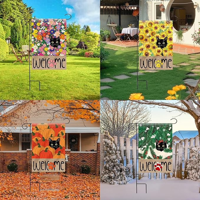Seasonal Garden Flags Set of 11, Double Sided 28 x 40 Inch Black Cat House Flags, Large Flags for Outside, Spring Summer Easter Independence Day Outdoor Flags, Welcome Holiday Garden Flags for All Seasons
