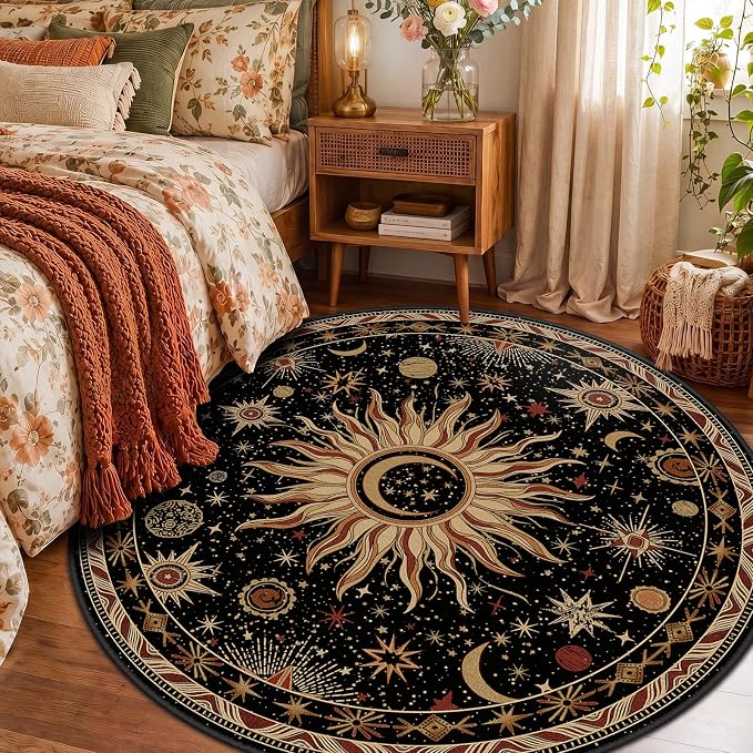 Vacuum-Friendly, Round 6ft Washable Area Rug, Black Gold Beige Red | Sun and Moon Boho Gothic Non-Slip Low Pile Living Roon Bedroom Dining Room Kitchen Entry Entryway Entrance Hallway Doormat