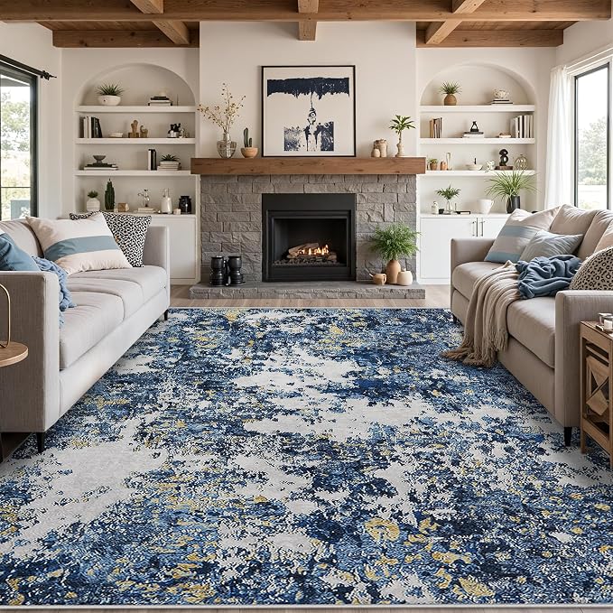 Area Rug 9x12 Living Room: Large Washable Rug with Anti-Slip Backing Non-Shedding Stain-Resistant Soft Abstract Carpet for Bedroom Dining Room Nursery Home Office (Blue/Multi) | With Anti-Slip Backing，Non-Shedding，Stain-Resistant，Soft Modern Large Carp...