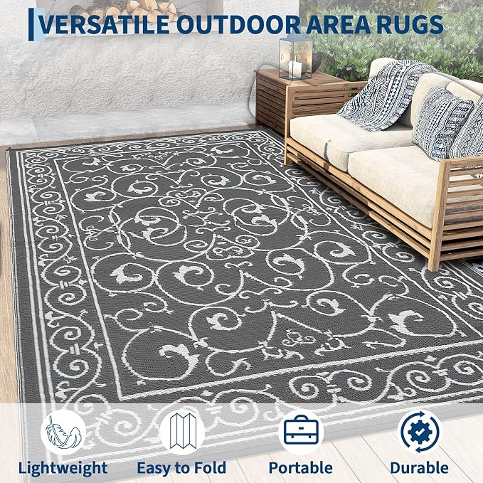Garvee 9x12 Outdoor Rug for Patio Plastic Straw Rug Waterproof Reversible Mat Lightweight Foldable Carpet Easy Clean Large Rugs for Patio Porch Backyard Camping RV Beach Balcony Deck Vintage Grey