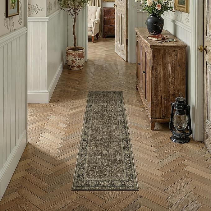 2x6 Taupe Brown Vintage Runner Rug | Washable, Non Slip, Soft Low Pile, Distressed Farmhouse, for Hallway Kitchen Laundry Bathroom Bedroom Living Room Home Decor