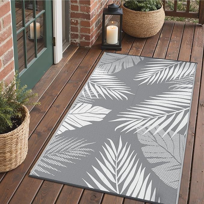 GENIMO Outdoor Rug 3' x 5' Waterproof for Patios Clearance, Reversible Outdoor Plastic Straw Camping Rug Carpet, Large Area Rugs Mats for RV, Camper, Deck, Balcony, Porch, Beach, Picnic, Grey&White