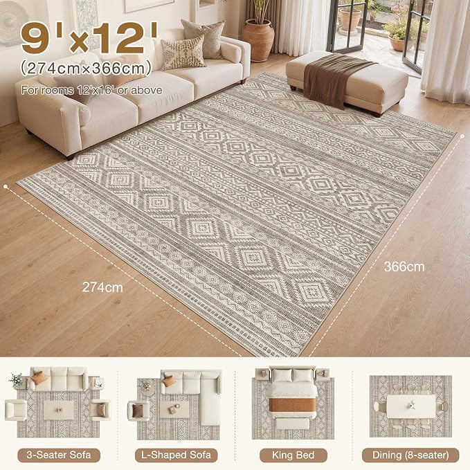 cotiled Boho 9x12 Area Rug for Living Room: Large Moroccan Washable Rug | Solve Modern Neutral Trendy Home Decor - Stain Resistan Carpet for Bedroom Farmhouse Dining Room Coffee Brown