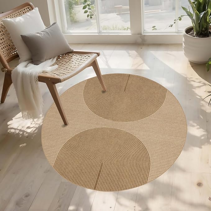 Easy Jute Round Rug 3ft: Outdoor Natural Area Rugs for Front Patio Linen-Look Fabric Durable - Neutral Carpet Mat for Entryway Bathroom Non-Slip - Geometric Arch Pattern