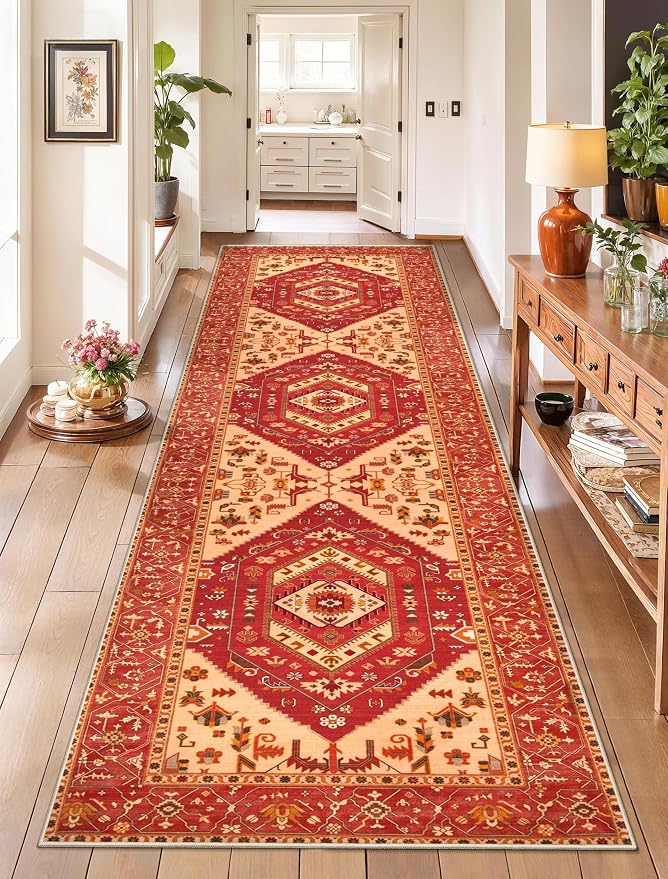 SERISSA 2'6"x8' Washable Non Slip Boho Runner Rug for Hallway，Red | Ultra Soft Vintage Oriental Carpet Low-Pile Distressed Tribal Floor Carpet for Kitchen Bedroom Bathroom Laundry Room
