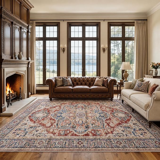 AMADA HOMEFURNISHING 8x10 Washable Area Rug, Low-Profile Large Area Rug with Non-Slip Backing & Durable Edge Binding, Vintage Large Rugs for Living Room, Bedroom, Dinning Room