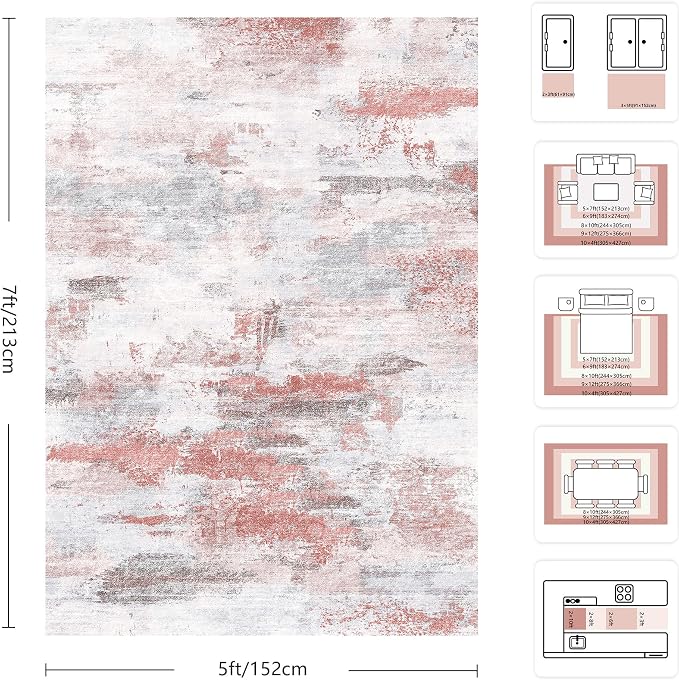 5x7 Rugs for Living Room - Modern Abstract Washable Rug, Ultra Soft Non Slip Low Pile Large Rugs, Floor Carpet for Bedroom Dining Room Office Laundry Nursery Home（Pink & Grey）