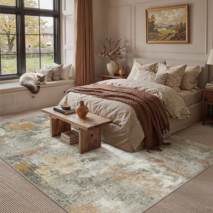 6x9 Grey Orange Modern Abstract Washable Area Rug for Living Room | Low Pile, Non Slip, Modern Abstract Style, Soft Indoor Rug for Living Room, Bedroom, Dining Room, Office, Home Decor