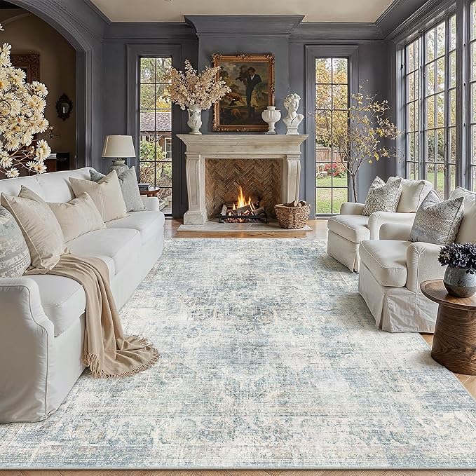 8x10 Blue Vintage Area Rug | Washable, Non Slip, Soft Low Pile, Neutral Farmhouse, Large, for Living Room Bedroom Dining Room Office Indoor Home Decor