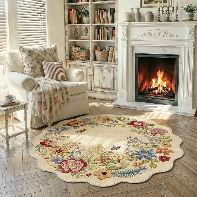 FMFUNCTEX 3ft Round Washable Beige Floral Scalloped Area Rug for Entryway | Rug Vintage Non Slip Flower Colorful Traditional Boho Circle Cream Small Soft Low Pile Neutral Mat Bedroom Bedside Bathroom