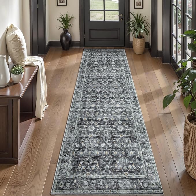Ciicool Grey Vintage Boho 2x8 Washable Runner Rug Hallway Kitchen Rugs Washable Floral Soft Low Pile Long Carpet Suitable for Entryway Bedroom Laundry Bathroom