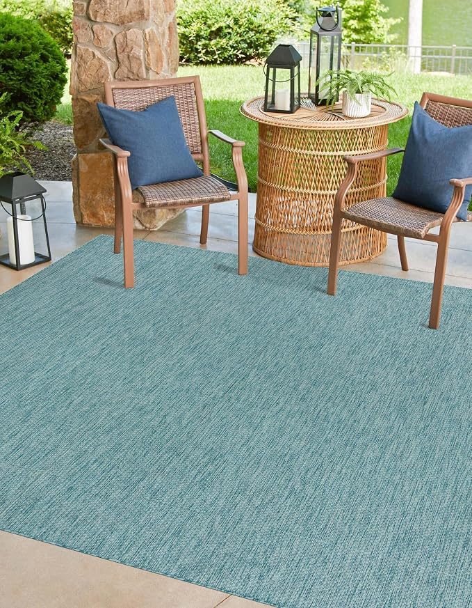 Unique Loom Collection Casual Transitional Solid Heathered Indoor/Outdoor Flatweave Area Rug (13' Square, Aquamarine/Ivory)