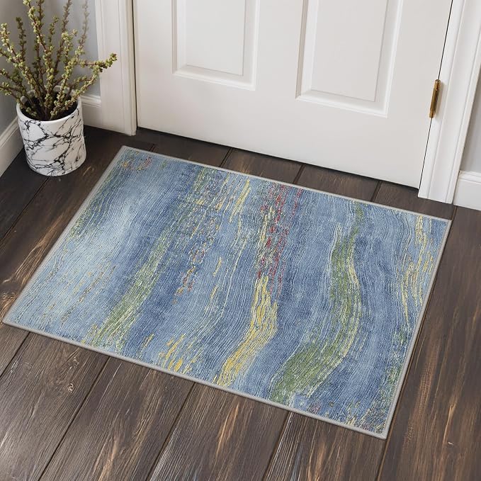 BEIMO 2x3 Washable Doormat Rug for Entryway, Wave Abstract Ocean Blue | Soft Machine Washable Modern Area Rug,Streaks Pattern Non Slip Indoor Small Carpet for Entrance,Bathroom, Bedroom