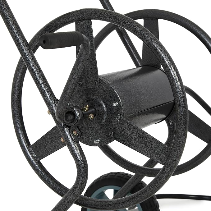 Backyard Expressions 2‑Wheel Garden Hose Reel Cart, Portable Hand‑Crank Hose Reel, Rust‑Resistant Hammertone Gray Finish, Brass Connectors