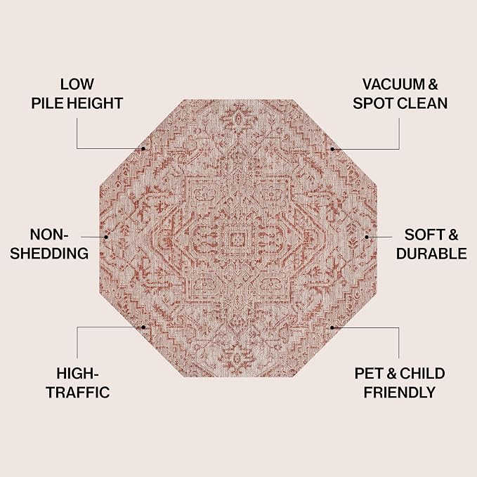 JONATHAN Y Boho Medallion Indoor Outdoor Octagon Area Rug 5 Ft Red/Taupe, Estrella Textured Weave for Backyard, Patio, Porch, Easy-Cleaning, High Traffic, Pet-Friendly, Non-Shedding (SMB105A-5TGN)