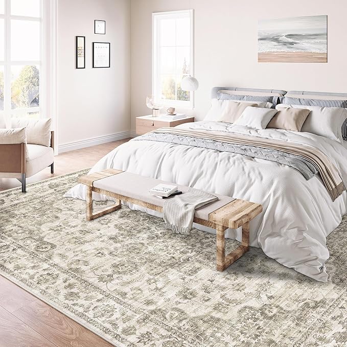 8x10 Taupe Neutral Area Rug | Washable, Non Slip, Soft Low Pile, Vintage Farmhouse, Large, for Living Room Bedroom Dining Room Office Indoor Home Decor