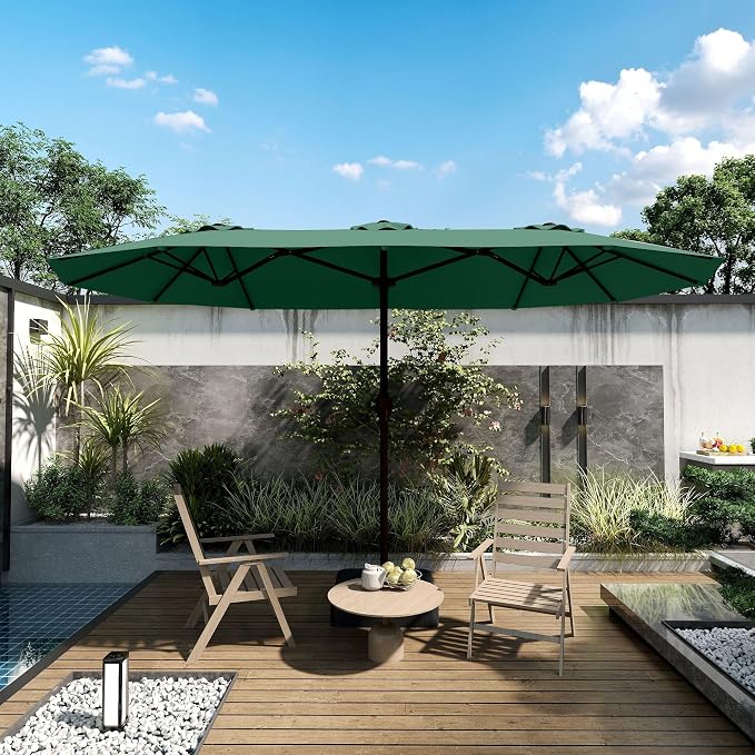 Kingdura 13ft Large Patio Umbrella with Base Included, Double-Sided Rectangle Outdoor Table Umbrella with 12 Reinforced Ribs, Crank Lift for Market Pool Deck Backyard, Dark green