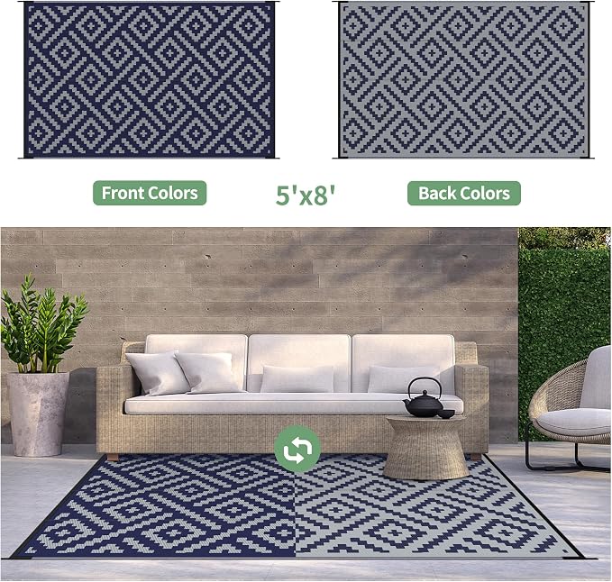 GENIMO Outdoor Rug for Patio Clearance, 5'x8' Waterproof Camping Mat, Reversible Plastic Straw Rugs for RV, Camper, Balcony, Backyard, Picnic, Deck (Blue & Grey)