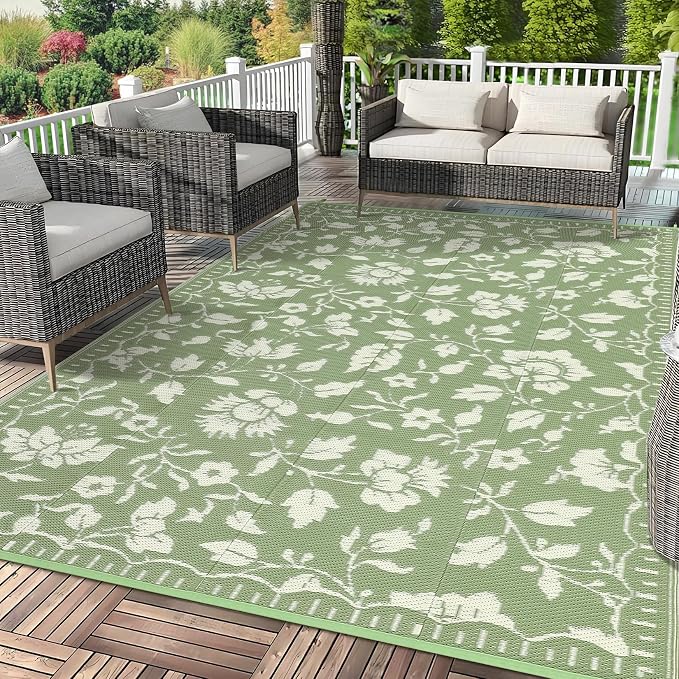 Garvee 6x9 Outdoor Patio Rug, Floral Waterproof Outdoor Rug for Camping with Portable Bag, Vintage Plastic Straw RV Rugs for Outside, Reversible Mats for Picnic Backyard Porch Balcony, Green