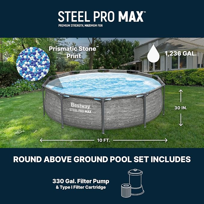 Bestway Steel Pro MAX 10' x 30" Above Ground Swimming Pool Set with Pump | Durable Round Metal Frame Outdoor Backyard Pool, Puncture-Resistant Liner - Filter Pump Included, Stacked Stone Print